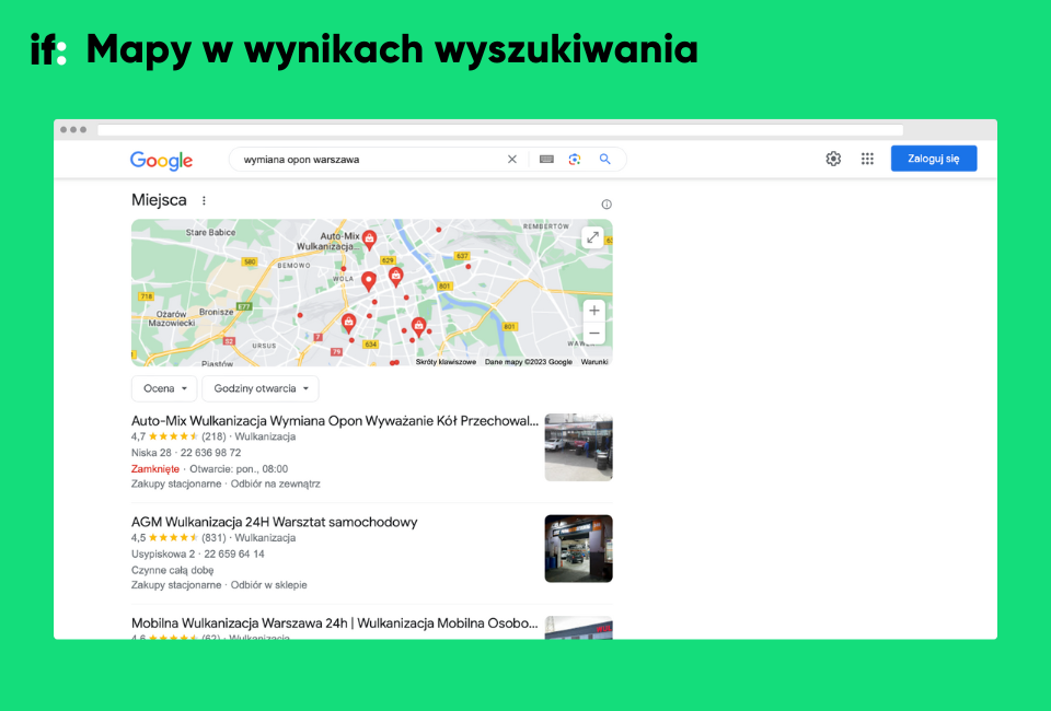 Zrzut ekranu z wyszukiwarki Google prezentujący wyniki lokalne z mapkami