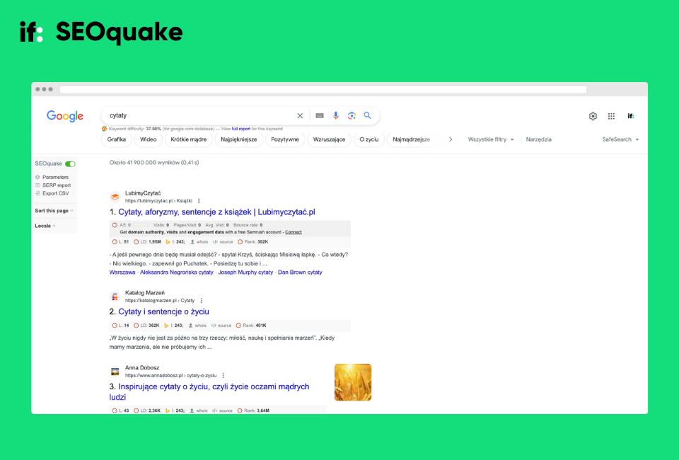 Zrzut ekranu z wynikami Google rozszerzonymi o dodatkowe informacje z wtyczki SEOquake