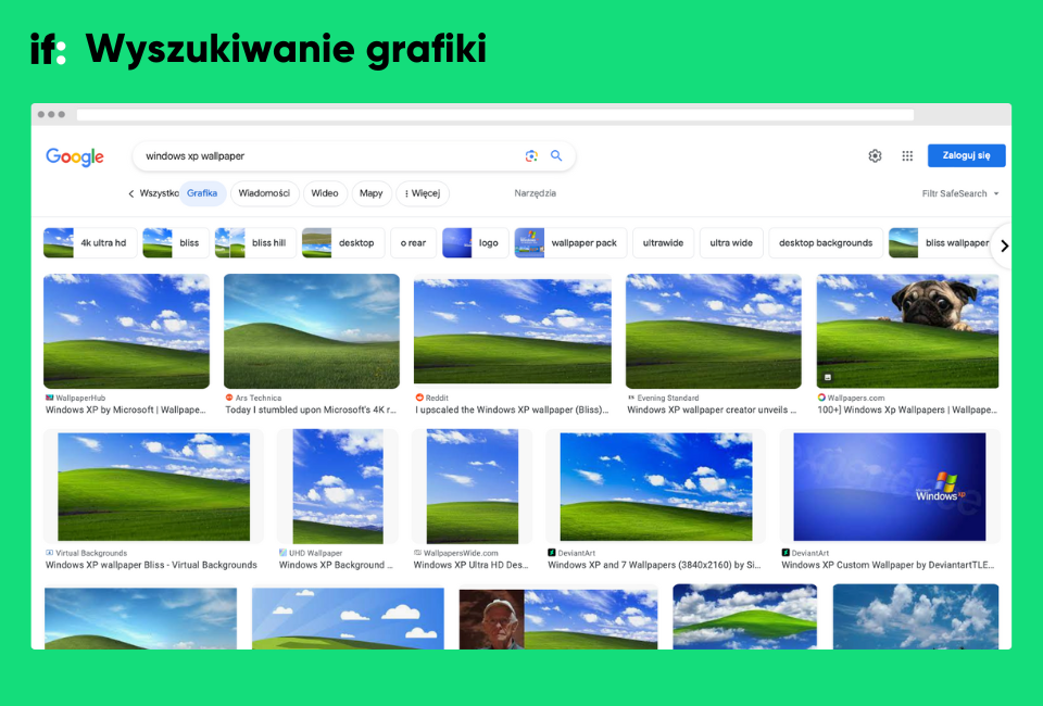 Wyszukiwarka grafiki Google z hasłem "windows xp wallpaper"