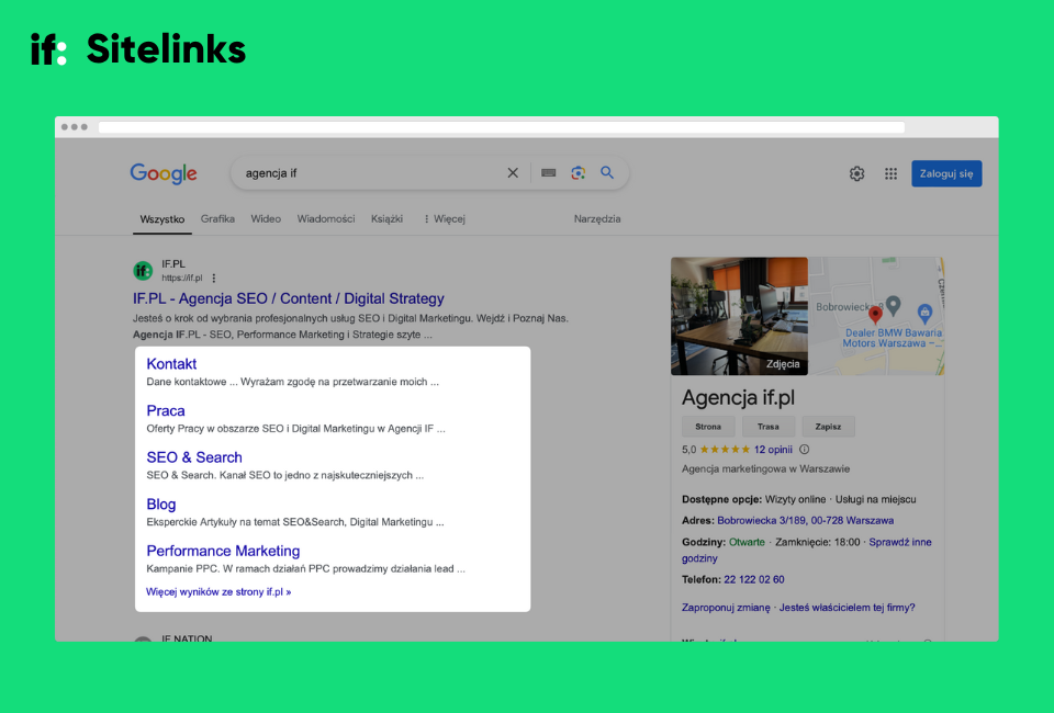 Zrzut ekranu: Google sitelinks